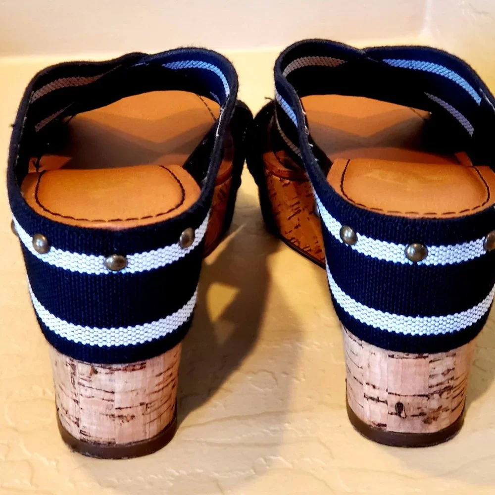 Cork Wedge Navy Blue & White Sandals Slip On Shoes Wedge Nautical Espadrilles
